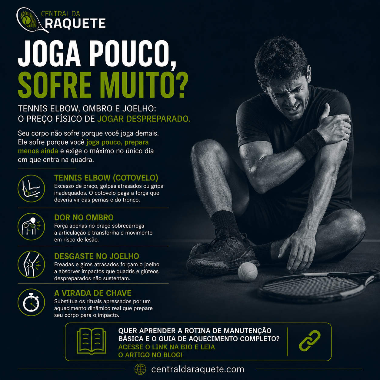 Tênis elbow, ombro e joelho: o preço físico de jogar pouco, aquecer mal e querer bater forte